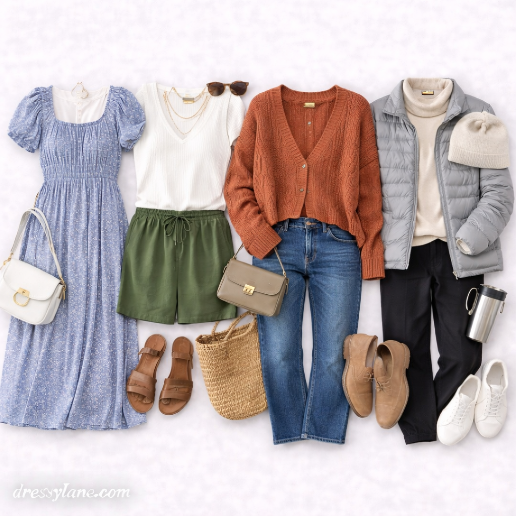 Flat lay of women’s comfortable year-round outfits featuring dresses, knit tops, jeans, layered outerwear, shoes, and seasonal accessories.