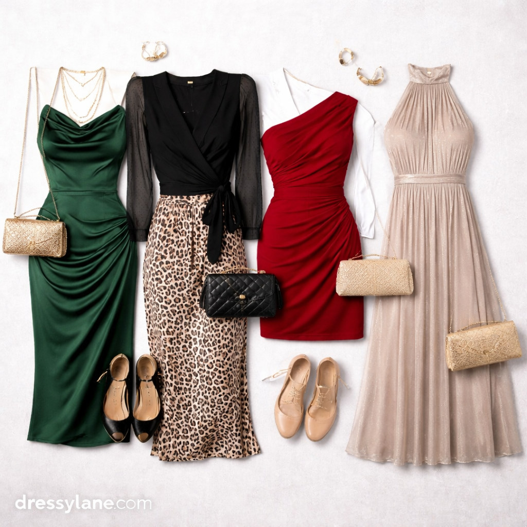 Flat lay of elegant women’s social event outfits with dresses, accessories, and heels styled on a neutral background for confident dressing.