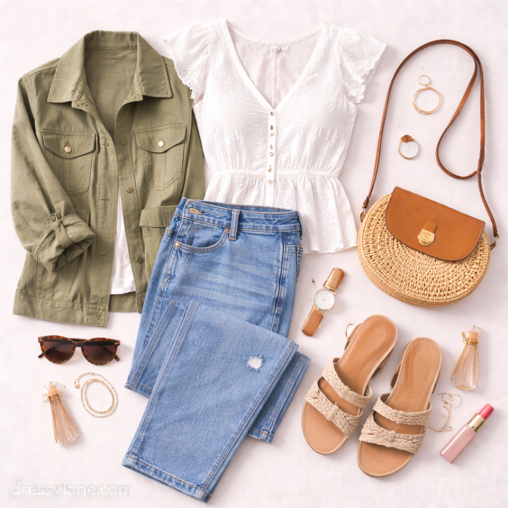 A women’s flat lay featuring a white eyelet blouse, utility jacket, jeans, sandals, woven bag, sunglasses, jewelry, and everyday accessories arranged neatly.