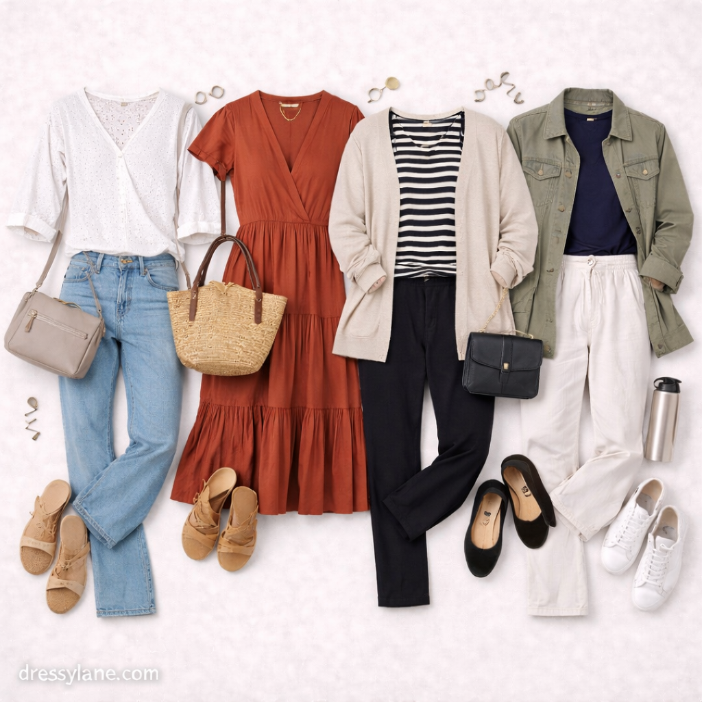 Flat lay of women’s outfits designed to inspire confident dressing at any age, featuring versatile, timeless clothing pieces.