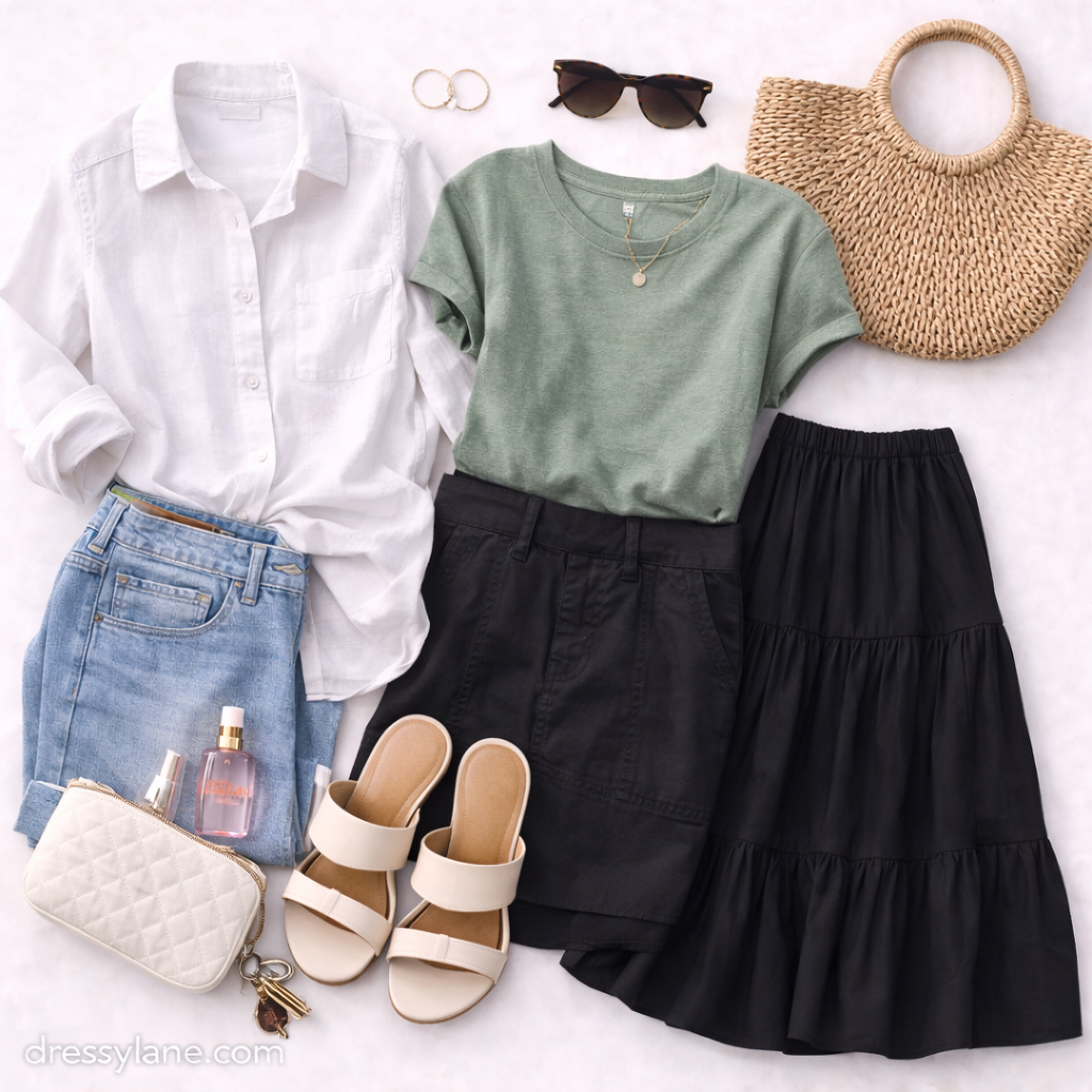 A women’s flat lay featuring a linen shirt, casual t-shirt, black skirt, jeans, sandals, woven tote, sunglasses, jewelry, and everyday accessories arranged neatly.