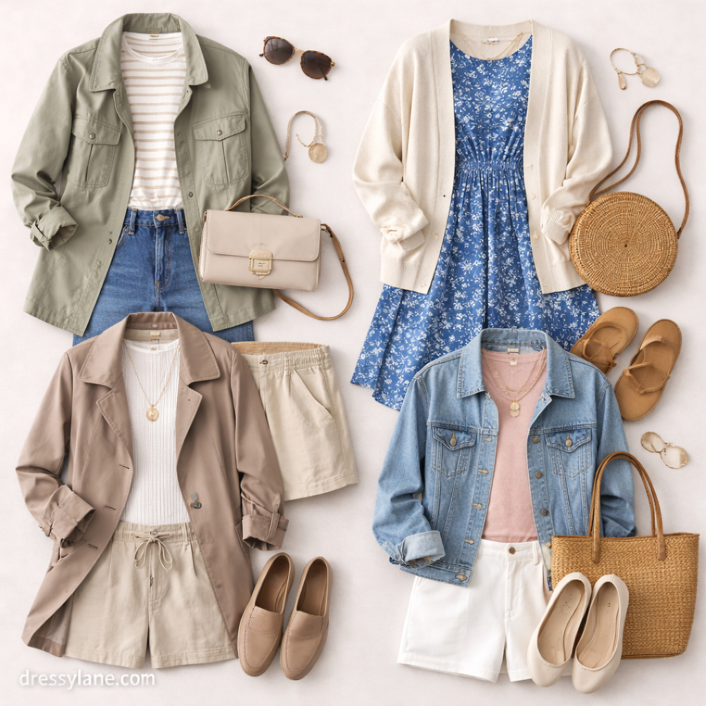 Flat lay of women’s outfits designed for early mornings and warm afternoons, featuring lightweight layers and versatile pieces.