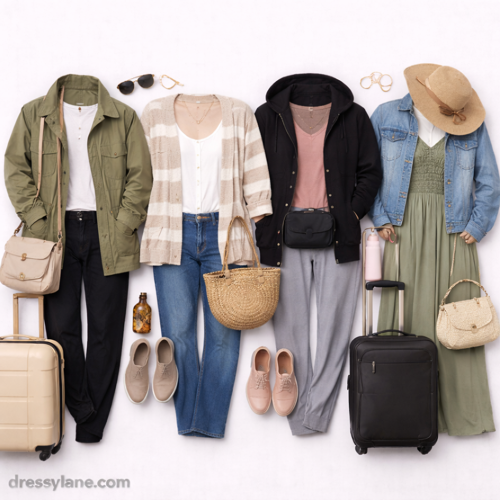 Flat lay of women’s travel outfits featuring comfortable pants, layered tops, light jackets, shoes, and accessories styled for easy, stress-free travel.