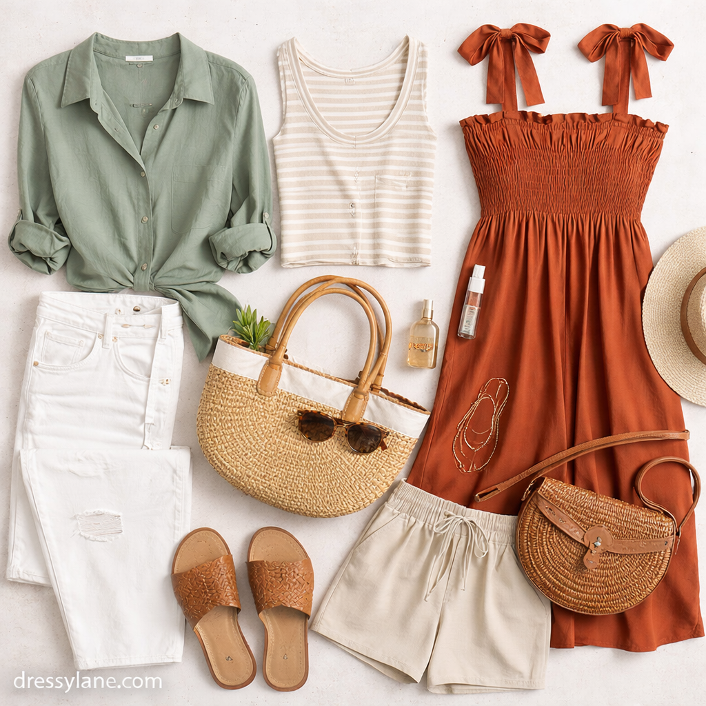 Flat lay of women’s effortless style clothing including dresses, tops, pants, and simple everyday accessories.