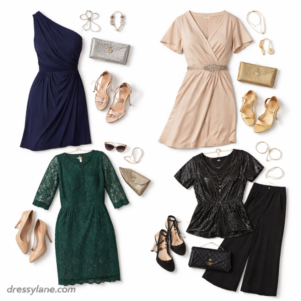 Flat lay of women’s formal event outfits featuring elegant dresses, heels, clutches, and jewelry suitable for weddings and formal occasions at any age.