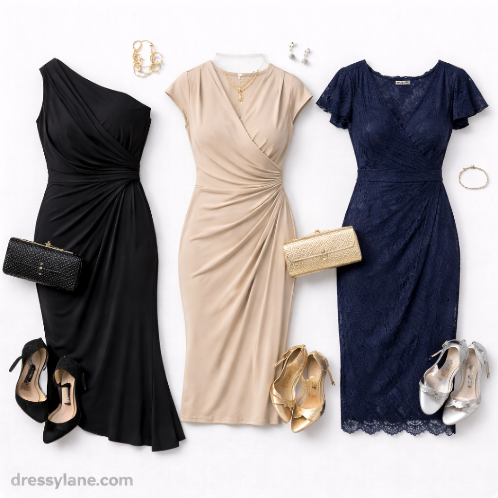 Flat lay of women’s formal event outfits featuring elegant dresses, refined shoes, and subtle accessories designed to look polished without feeling overdressed.