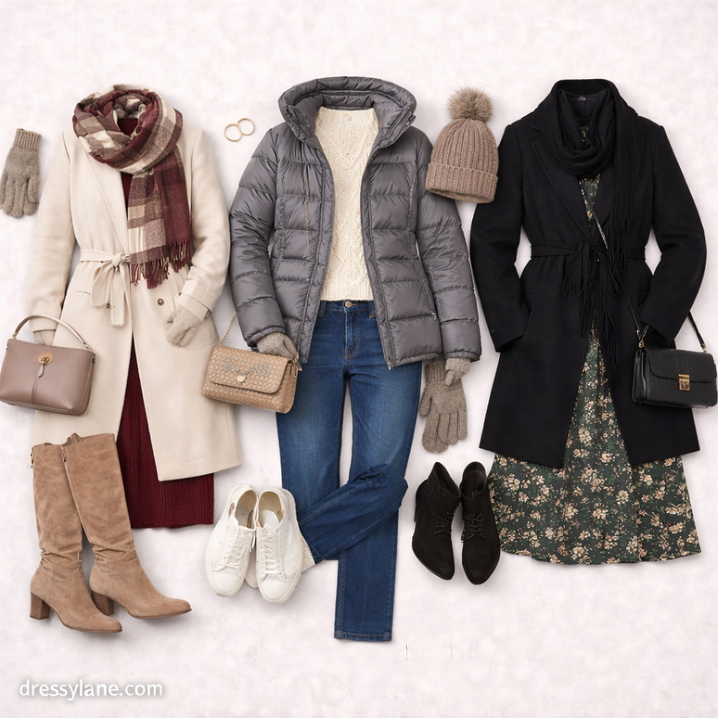 Flat lay of women’s outfits designed for late nights and cold evenings, featuring warm layers and stylish accessories.