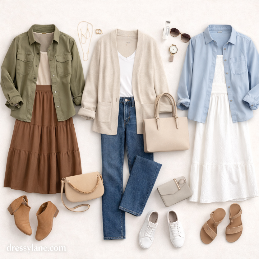 Flat lay of women’s layered outfits for long seasonal days, including lightweight jackets, dresses, jeans, and comfortable shoes arranged on a neutral background.