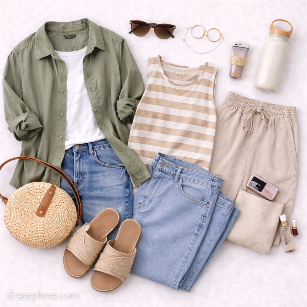 A women’s flat lay featuring breathable tops, relaxed pants and shorts, denim, comfortable shoes, and everyday accessories arranged neatly for all-day comfort.