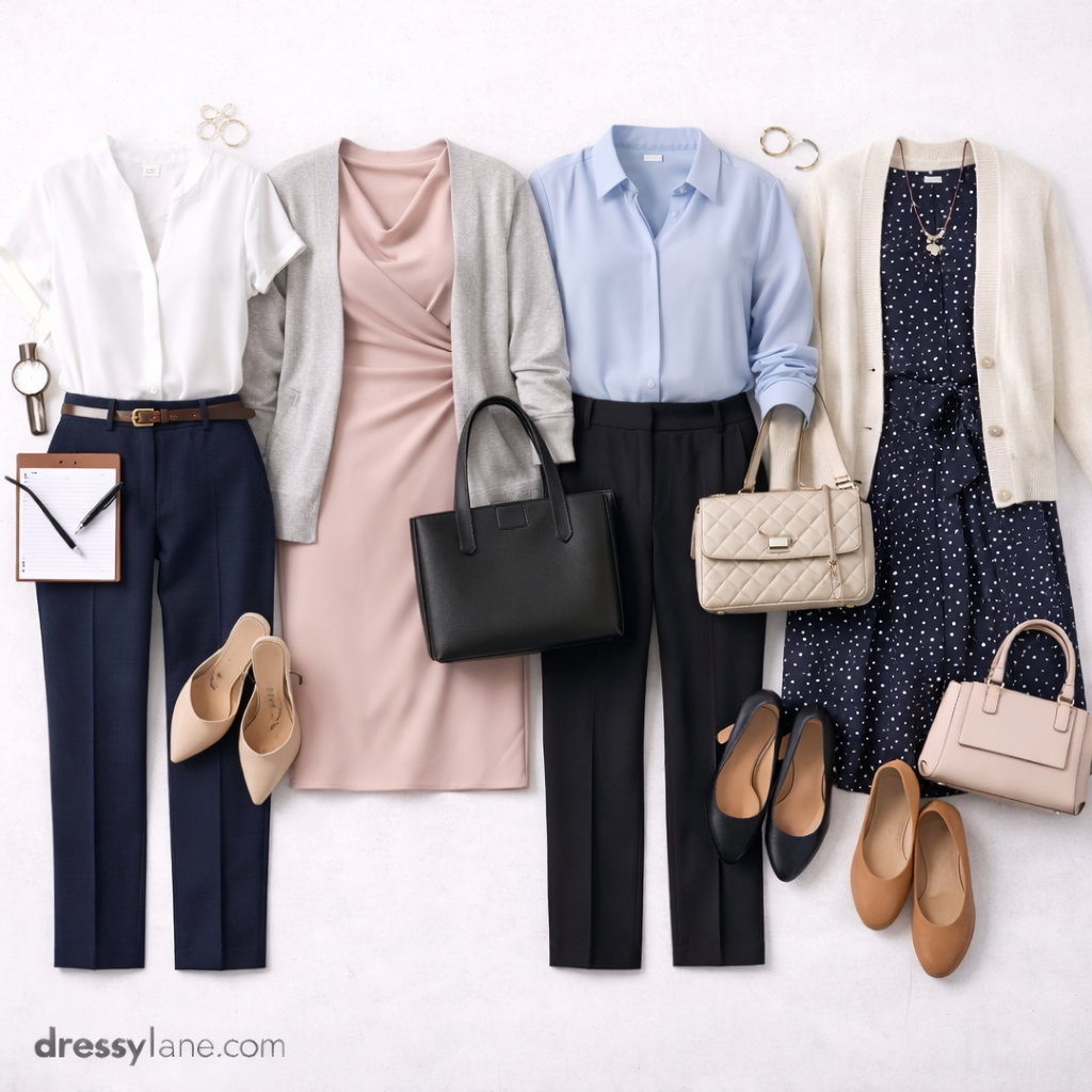 Flat lay of women’s work outfits styled for long workdays, featuring blouses, dresses, trousers, cardigans, shoes, and professional accessories.