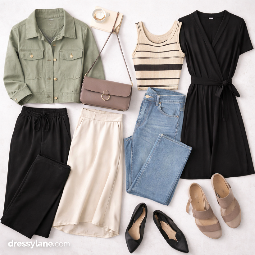 Flat lay of women’s minimalist clothing featuring coordinated pieces designed to reduce daily decision fatigue.