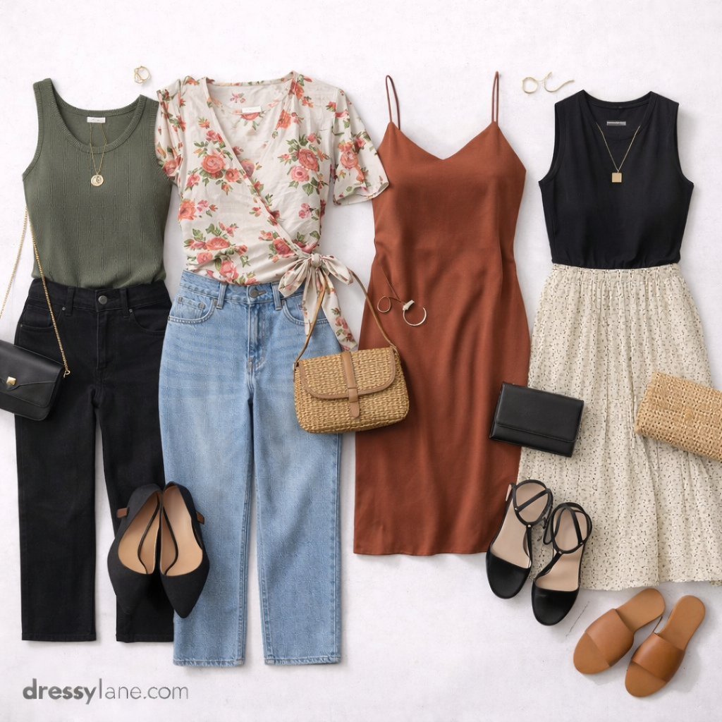 Flat lay of women’s low-effort party outfits featuring casual tops, jeans, a slip dress, skirts, and simple accessories styled for relaxed social events.
