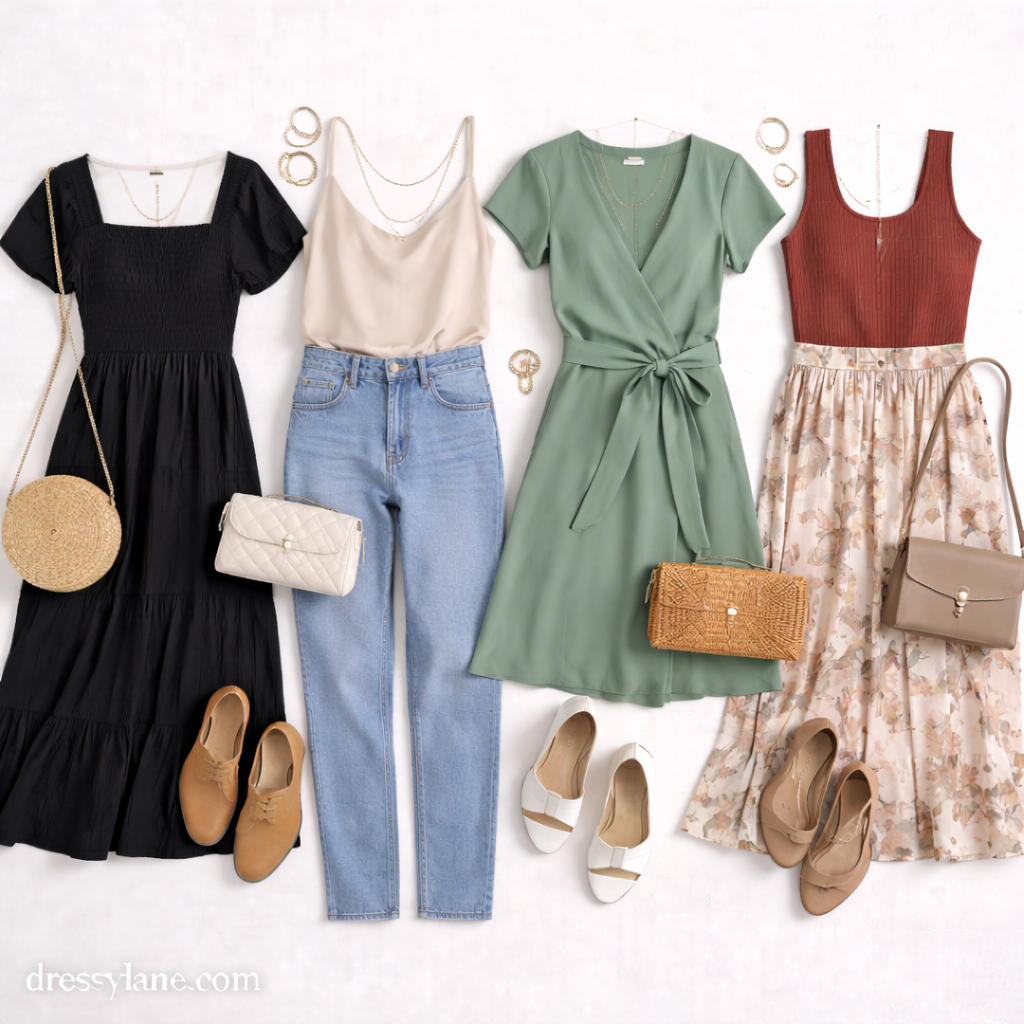 Flat lay of women’s low-effort social event outfits including simple dresses, soft tops, relaxed skirts, flats, handbags, and minimal accessories arranged on a neutral background.