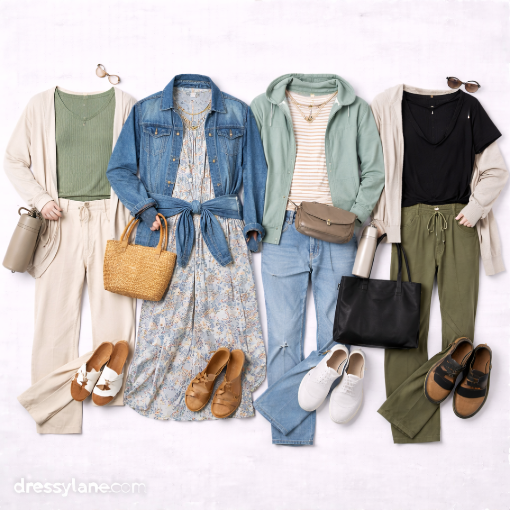 Flat lay of women’s low-stress everyday outfits featuring relaxed pants, soft tops, layered jackets, casual dresses, and comfortable shoes arranged on a neutral background.