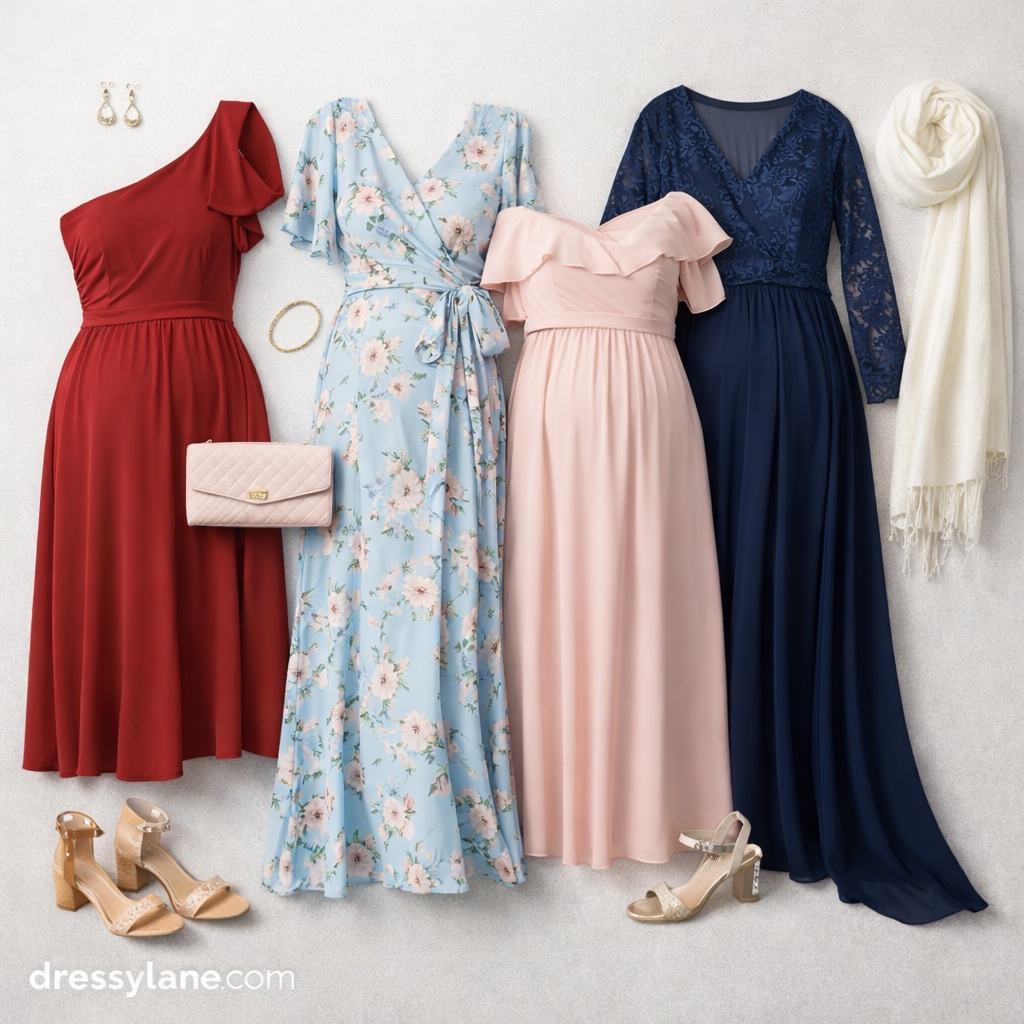 Flat lay of elegant women’s maternity wedding guest dresses with coordinating shoes and accessories arranged on a neutral background, dressylane.com.