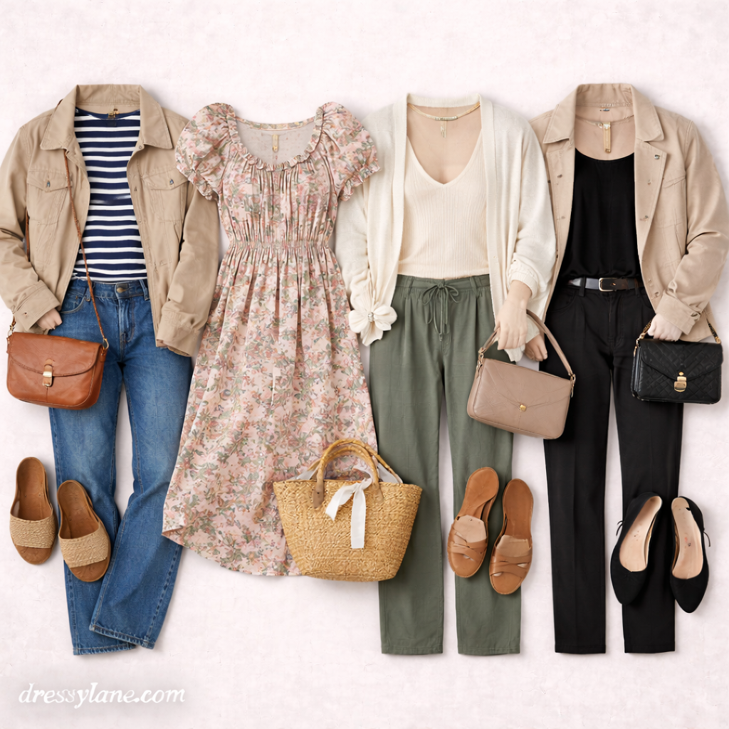 Flat lay of women’s versatile outfits featuring dresses, jeans, trousers, jackets, flats, and mix-and-match accessories.