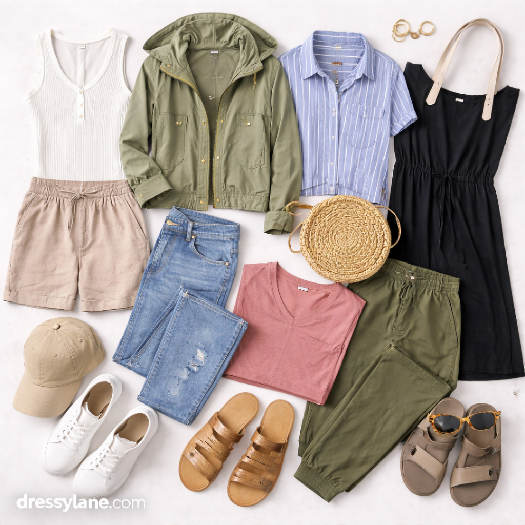 Flat lay of women’s on-the-go outfits featuring comfortable, versatile clothing designed for busy, active days.