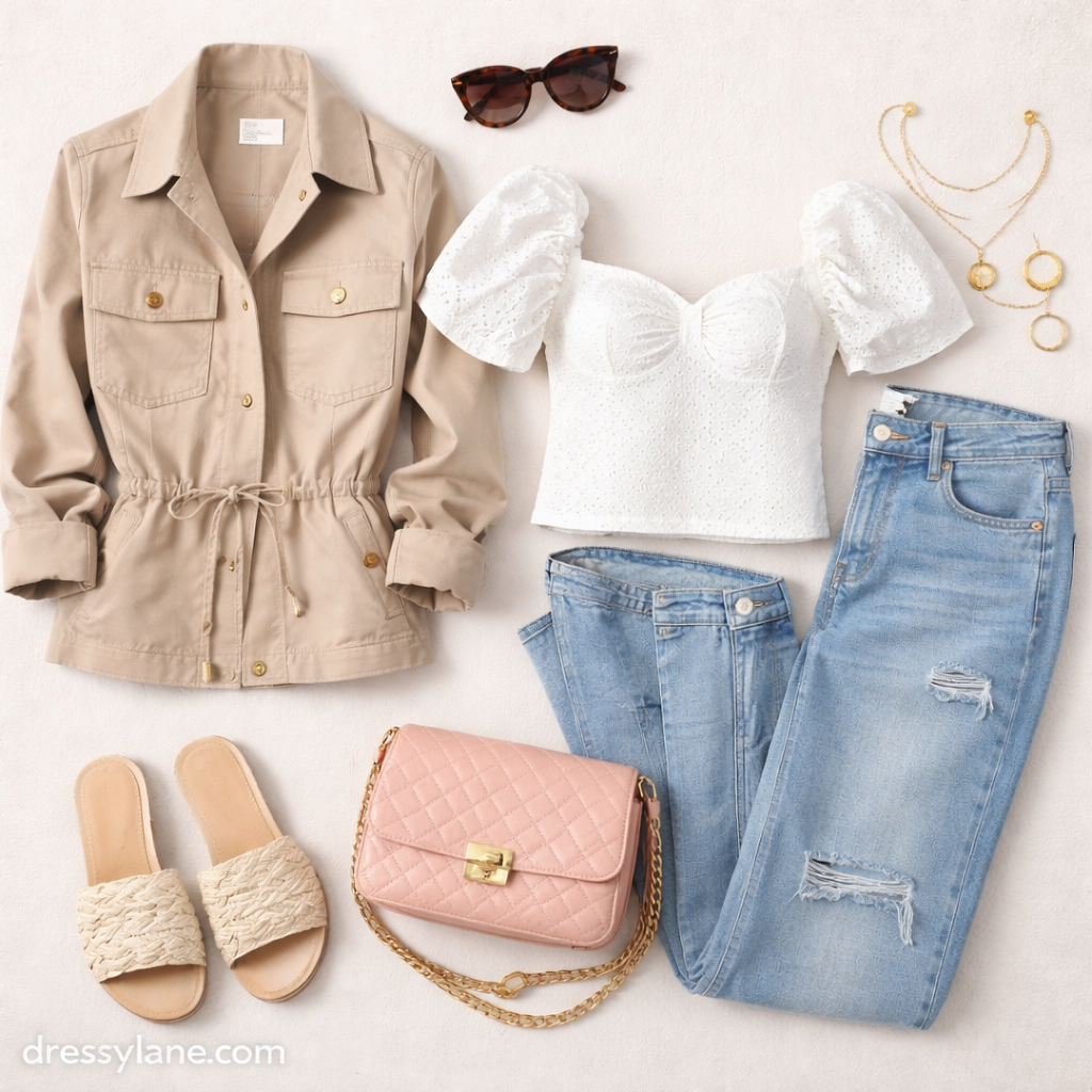 A women’s flat lay featuring a utility jacket, white blouse, distressed jeans, woven sandals, a pink crossbody bag, sunglasses, and gold jewelry arranged neatly.