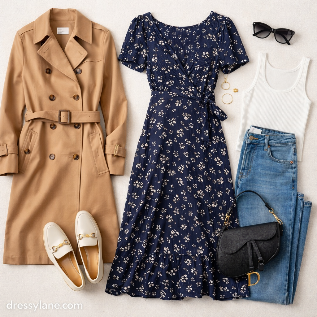 A women’s flat lay featuring a curated outfit selection including a trench coat, floral dress, jeans, ribbed tank top, loafers, handbag, sunglasses, and gold accessories arranged neatly.