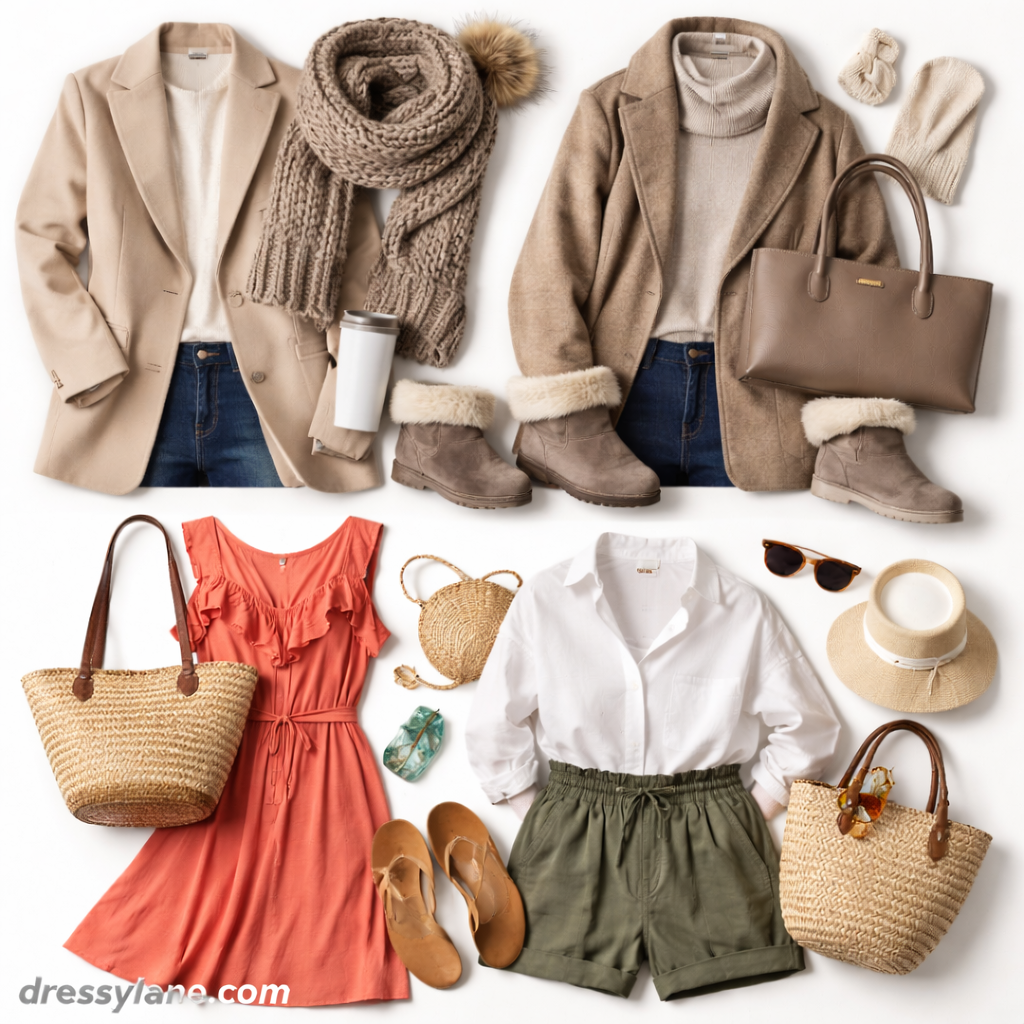 Flat lay of women’s outfits for seasonal extremes featuring warm layered clothing for cold weather and lightweight dresses and accessories for hot conditions.