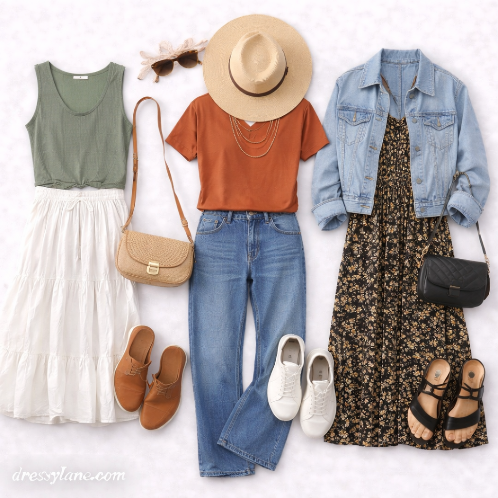 Flat lay of women’s outfits featuring casual dresses, denim, skirts, and accessories styled to reflect authentic personal style.