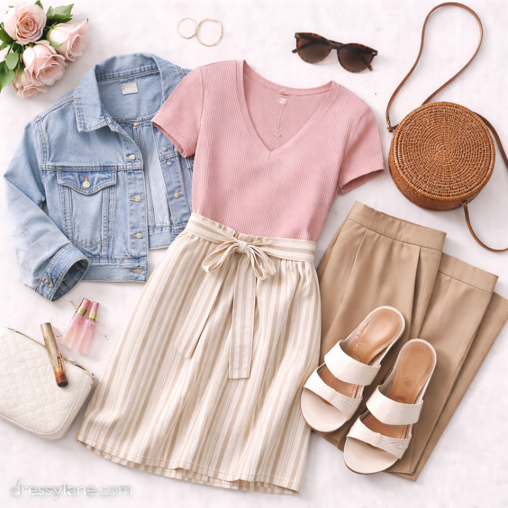 A women’s flat lay featuring a ribbed pink top, striped midi skirt, denim jacket, trousers, sandals, woven bag, sunglasses, and gold jewelry arranged neatly.