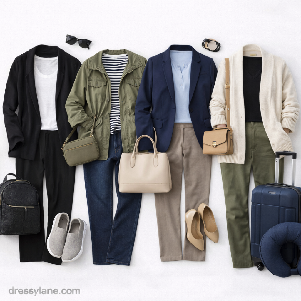 Flat lay of women’s reliable travel outfits featuring comfortable pants, versatile tops, layers, shoes, and accessories designed for dependable travel wear.