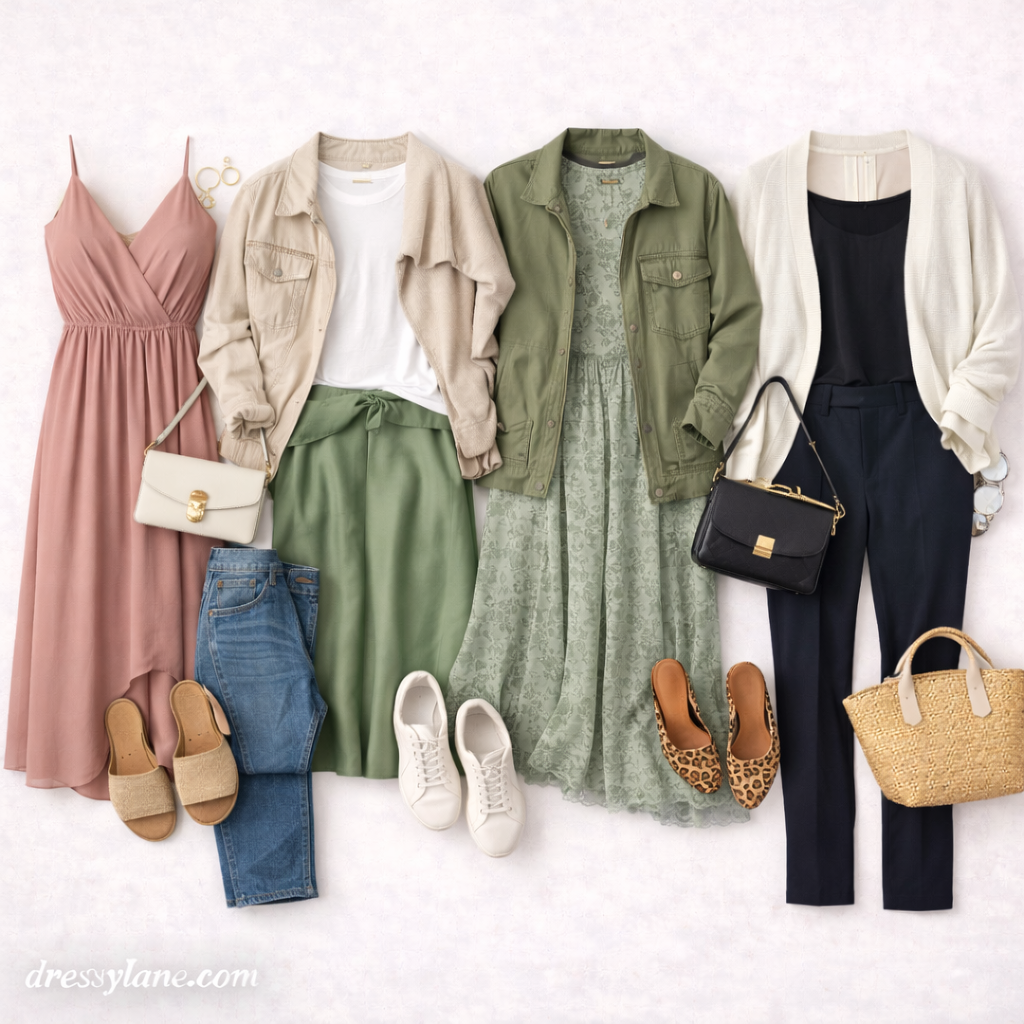 Flat lay of women’s wedding outfits restyled with casual layers, shoes, and accessories for everyday wear.