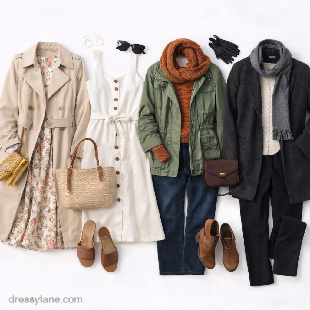 Flat lay of women’s seasonal outfits featuring layered clothing, dresses, outerwear, shoes, and accessories designed for comfort across changing weather.