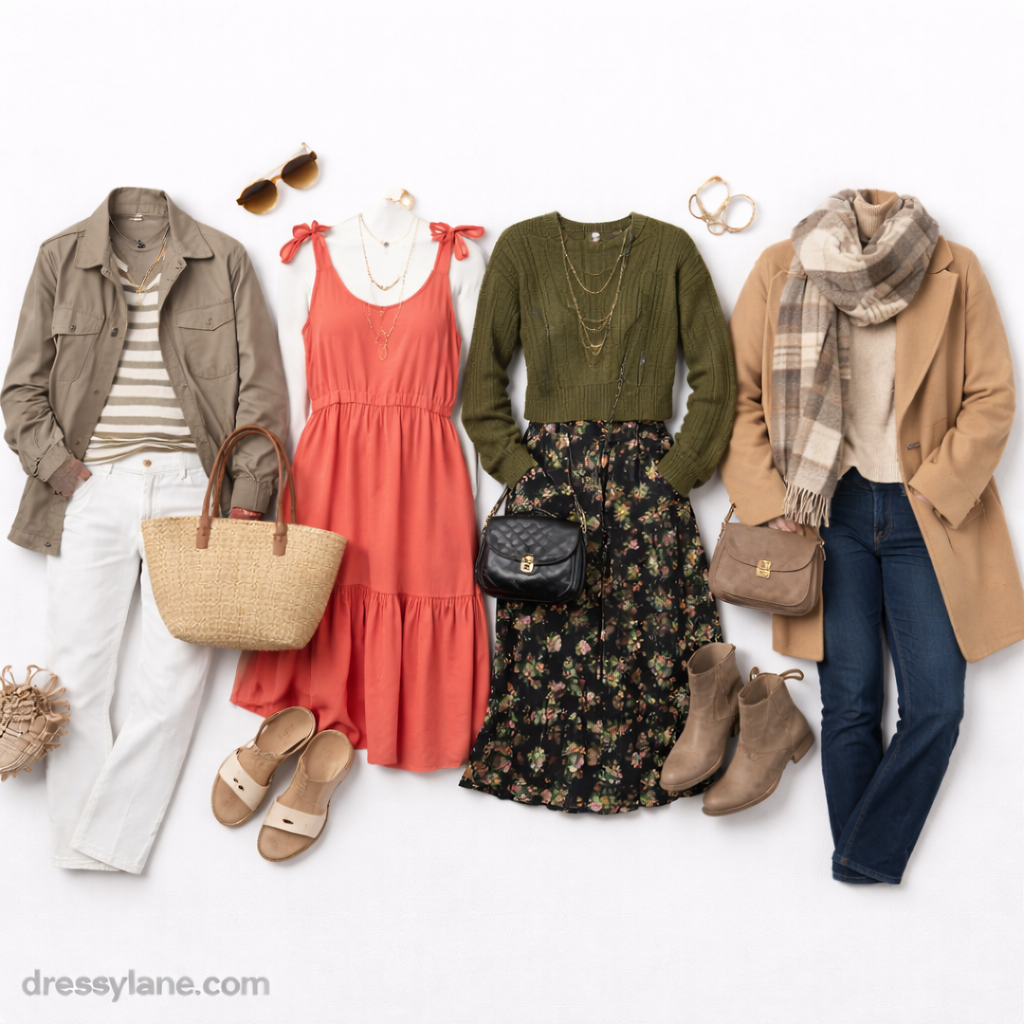 Flat lay of women’s seasonal outfits featuring dresses, layered tops, outerwear, shoes, and accessories styled for confident, weather-appropriate dressing.