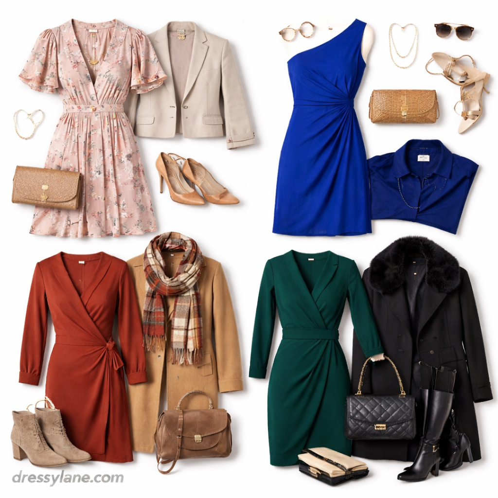 Flat lay of women’s seasonal event outfits featuring dresses, outerwear, shoes, handbags, and accessories styled for spring, summer, fall, and winter.