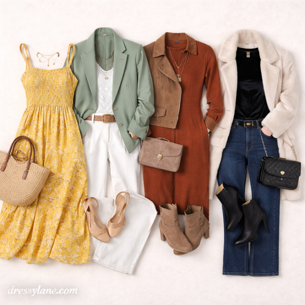 Flat lay of women’s seasonal event outfits featuring dresses, blazers, knitwear, jeans, boots, and coordinated accessories.
