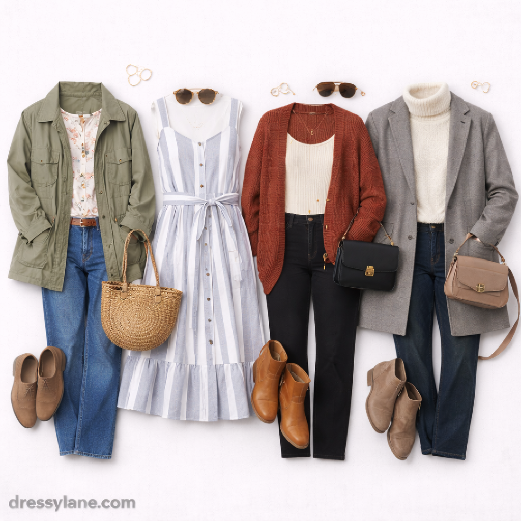 Flat lay of women’s seasonal outfits featuring simple dresses, layered tops, jackets, shoes, and accessories styled for effortless, everyday wear.