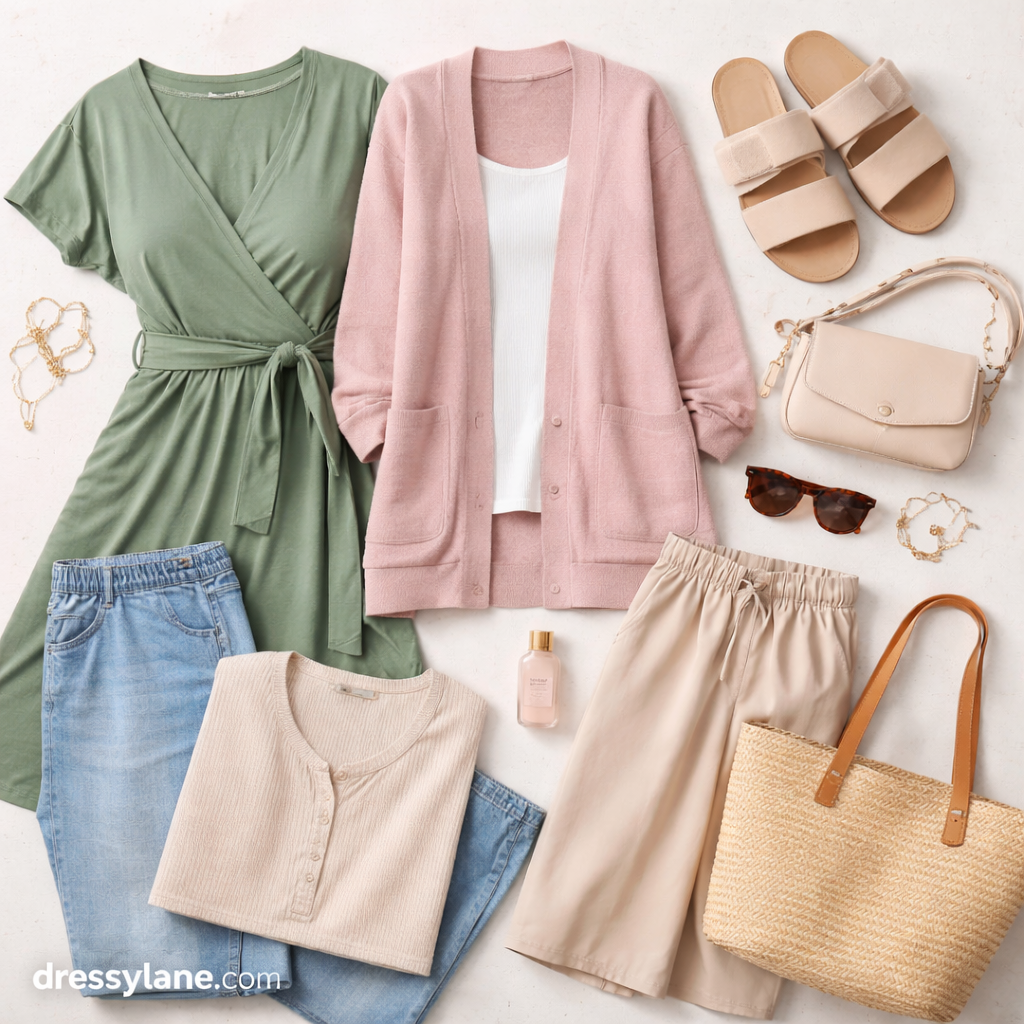 Flat lay of women’s sensory-friendly clothing featuring soft fabrics, relaxed fits, and neutral tones designed for everyday comfort.