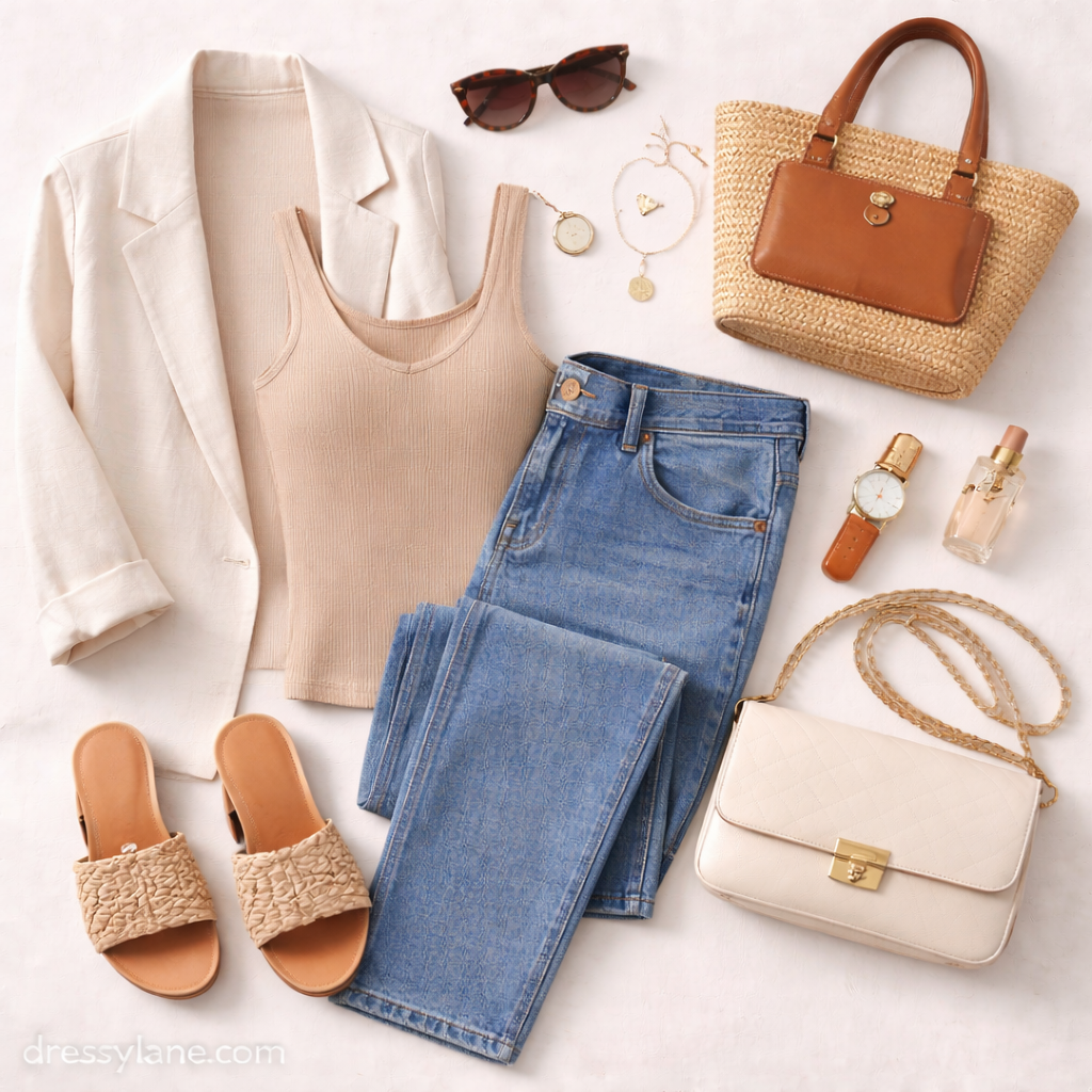 A women’s flat lay featuring a ribbed tank top, linen blazer, straight-leg jeans, woven tote, slide sandals, jewelry, and everyday accessories arranged neatly.
