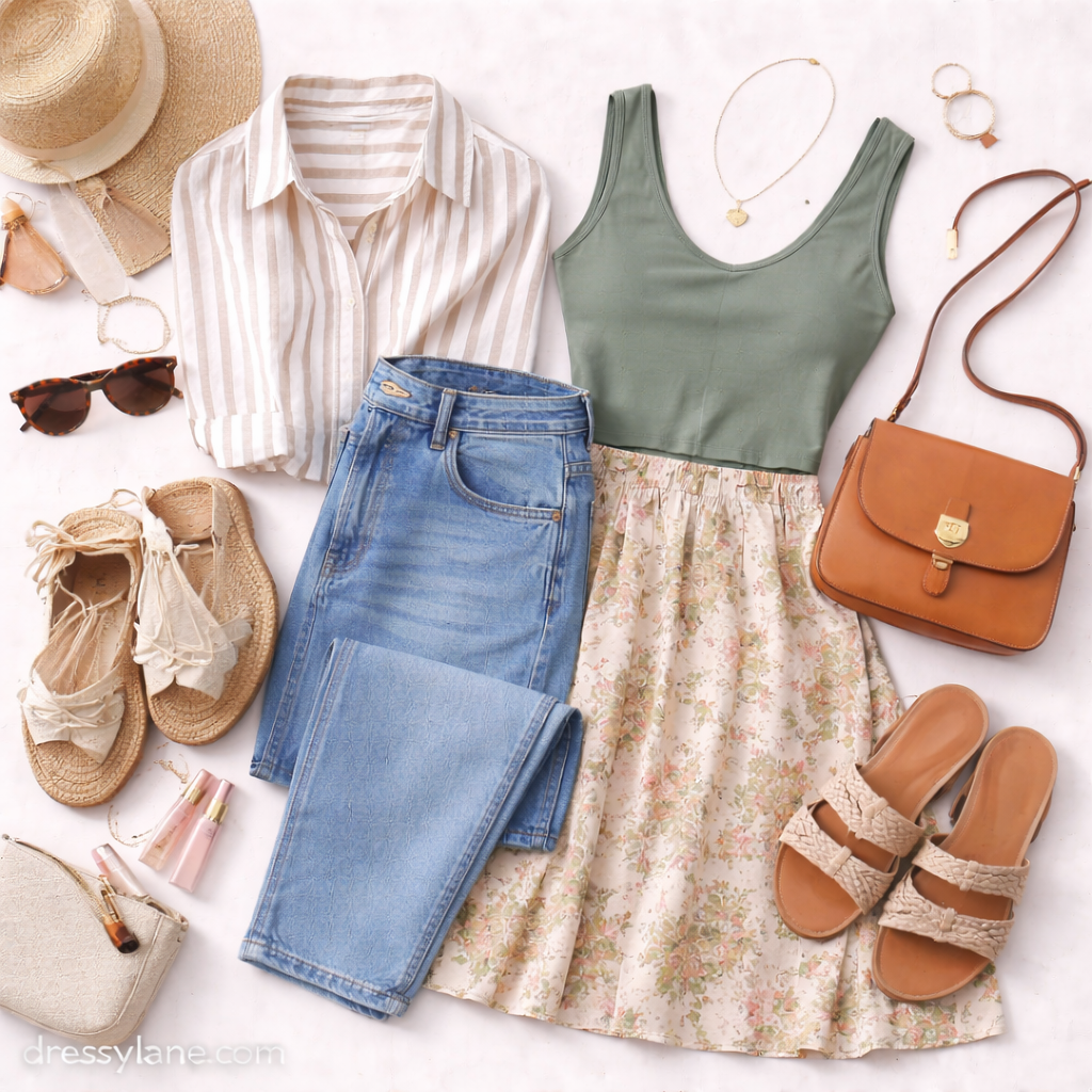 A women’s flat lay featuring a striped shirt, cropped tank top, floral skirt, jeans, sandals, crossbody bag, sunglasses, hat, and gold jewelry arranged neatly.