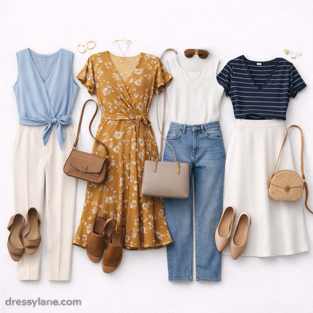 Flat lay of women’s social event outfits featuring dresses, tailored separates, shoes, and accessories styled for a polished look without feeling overdone.