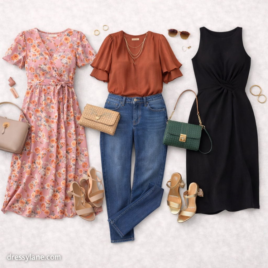 Flat lay of women’s outfits styled for social events with uncertain dress codes, featuring versatile dresses and casual-chic pieces.
