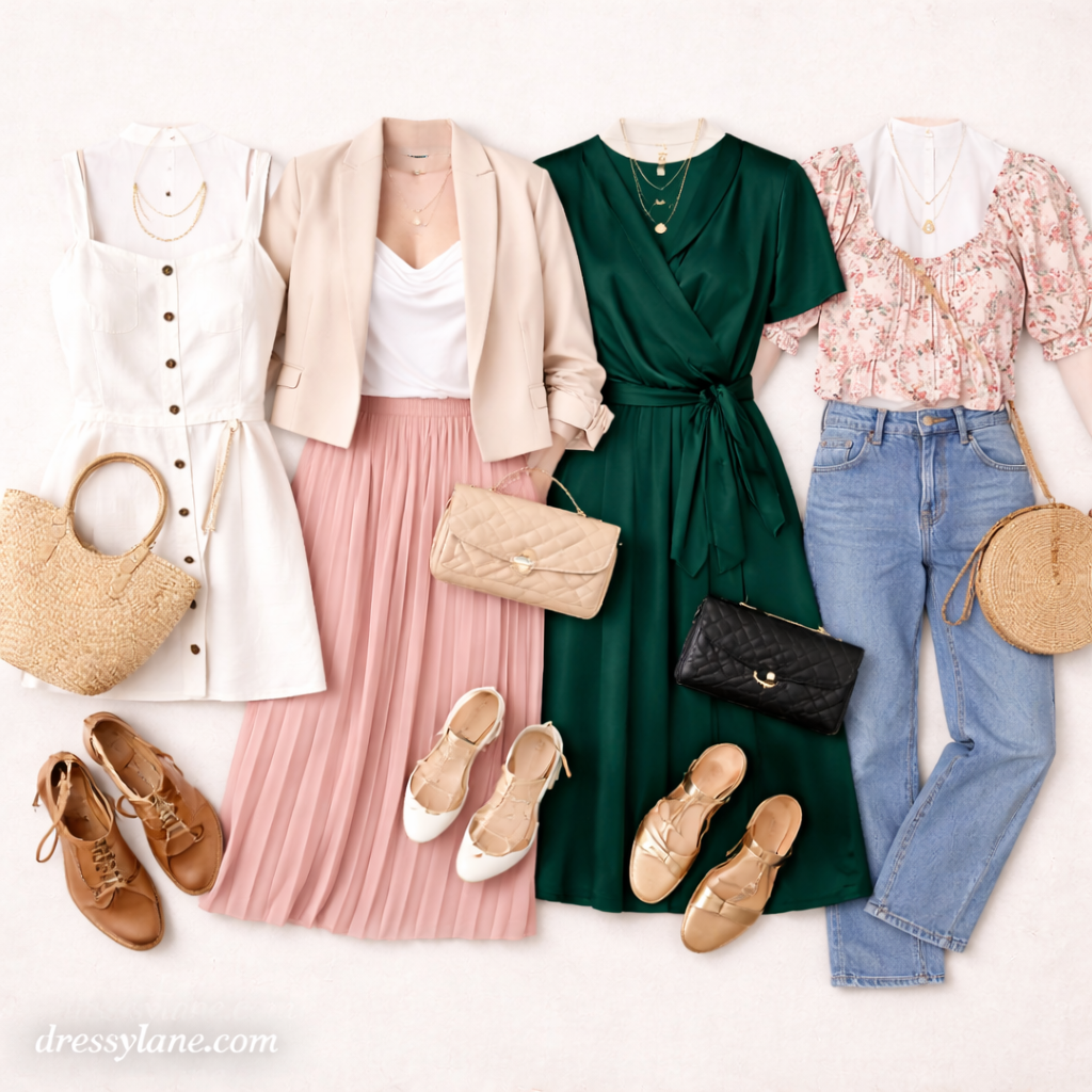 Flat lay of women’s social event outfits styled without heels, featuring dresses, skirts, jeans, flats, loafers, and elegant accessories.