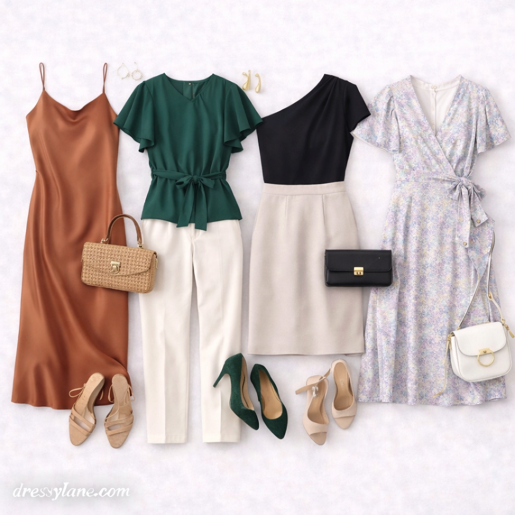 Flat lay of women’s social event outfits featuring dresses, skirts, tops, and accessories styled for polished, suit-free occasions.