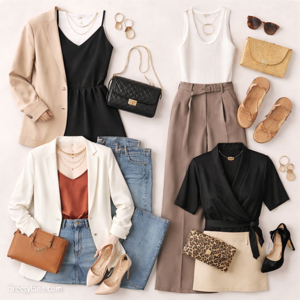 Flat lay of women’s minimalist outfits designed for social events, featuring versatile clothing and accessories.