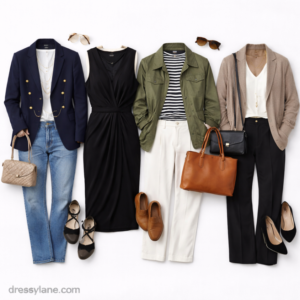 Flat lay of women’s modern outfits suitable for your 40s, featuring tailored clothing, dresses, structured layers, and polished accessories.