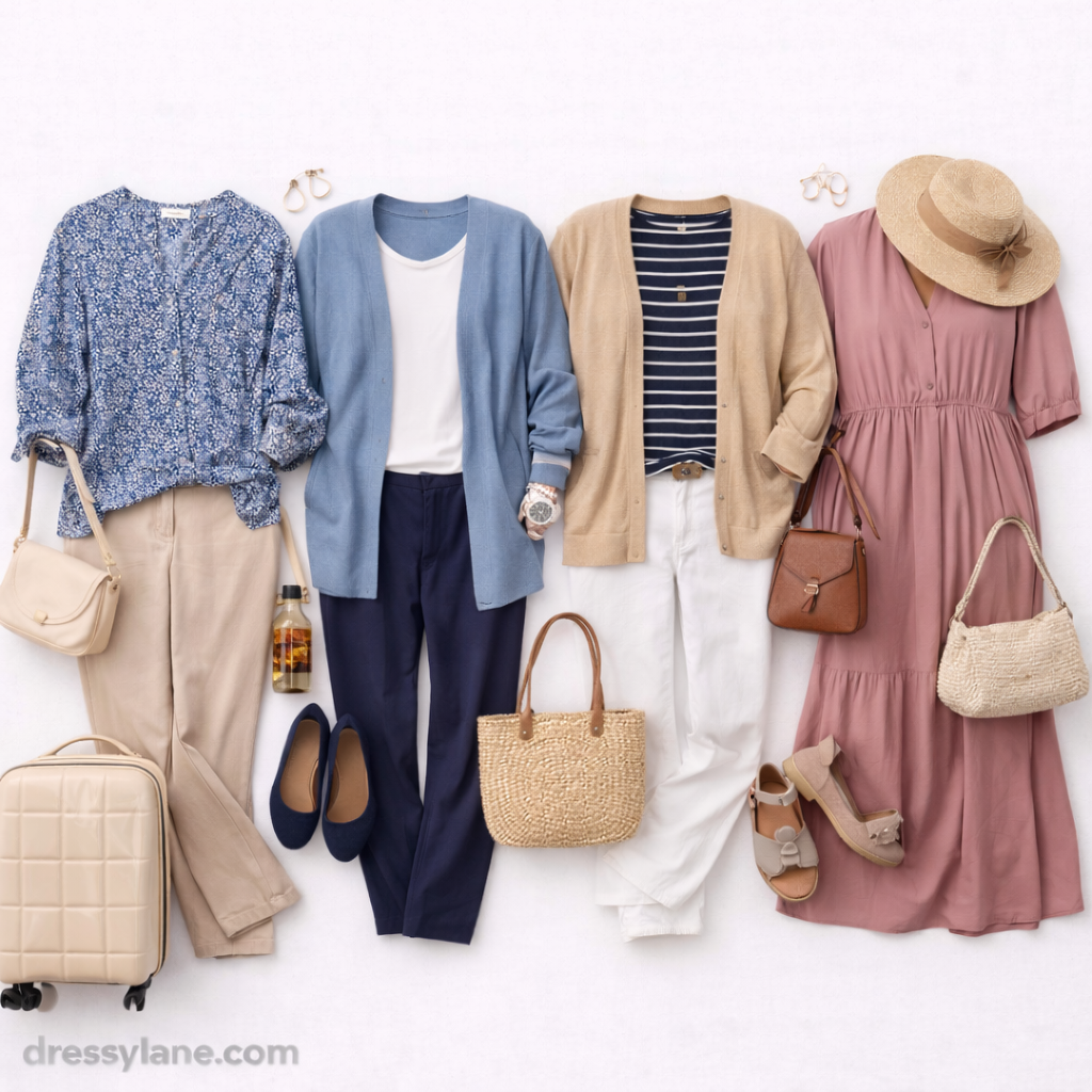 Flat lay of women’s outfits designed for style and comfort in your 60s and beyond, featuring relaxed dresses, layered tops, trousers, shoes, and accessories.