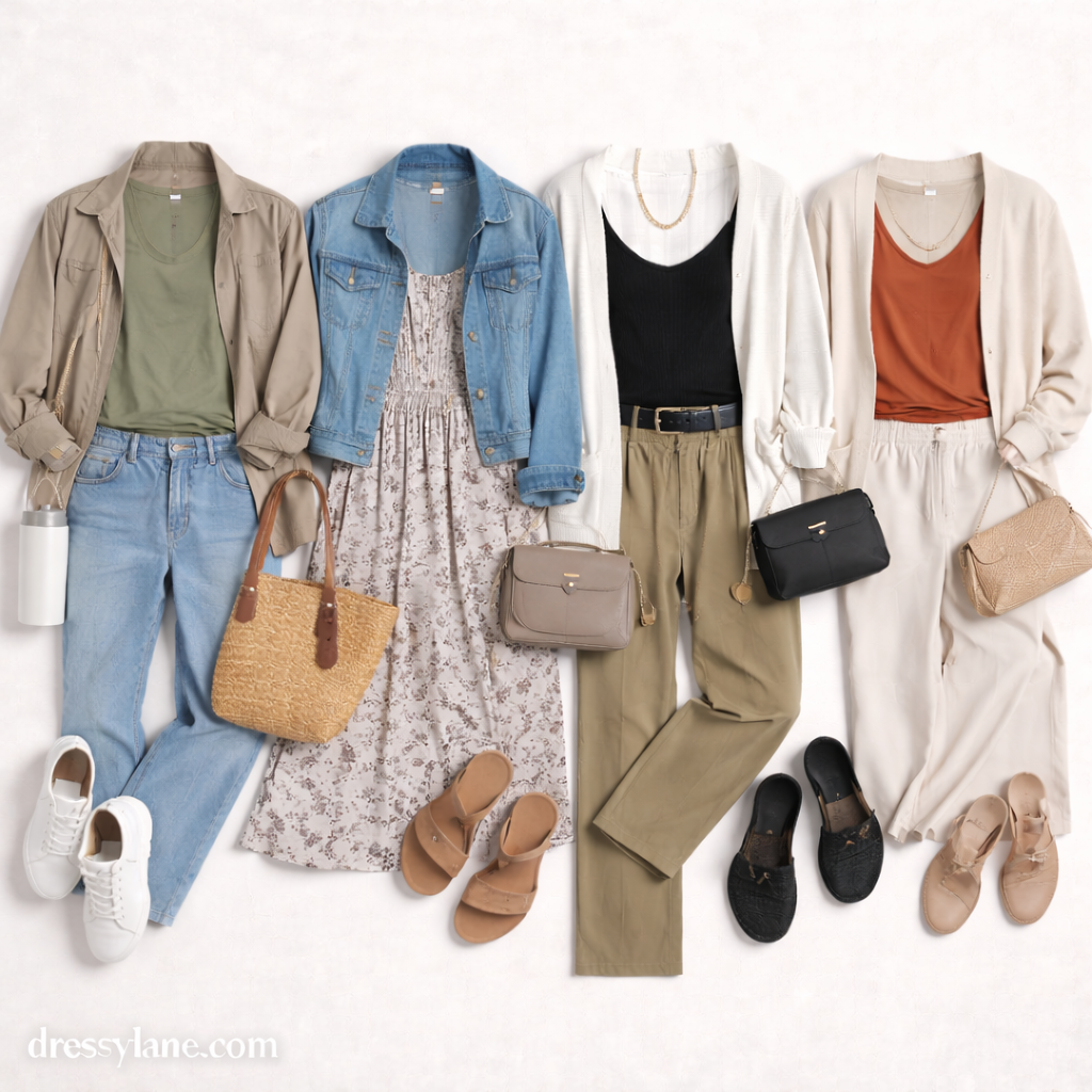 Flat lay of women’s updated wardrobe pieces including casual layers, dresses, neutral tops, pants, shoes, and accessories arranged on a light background.