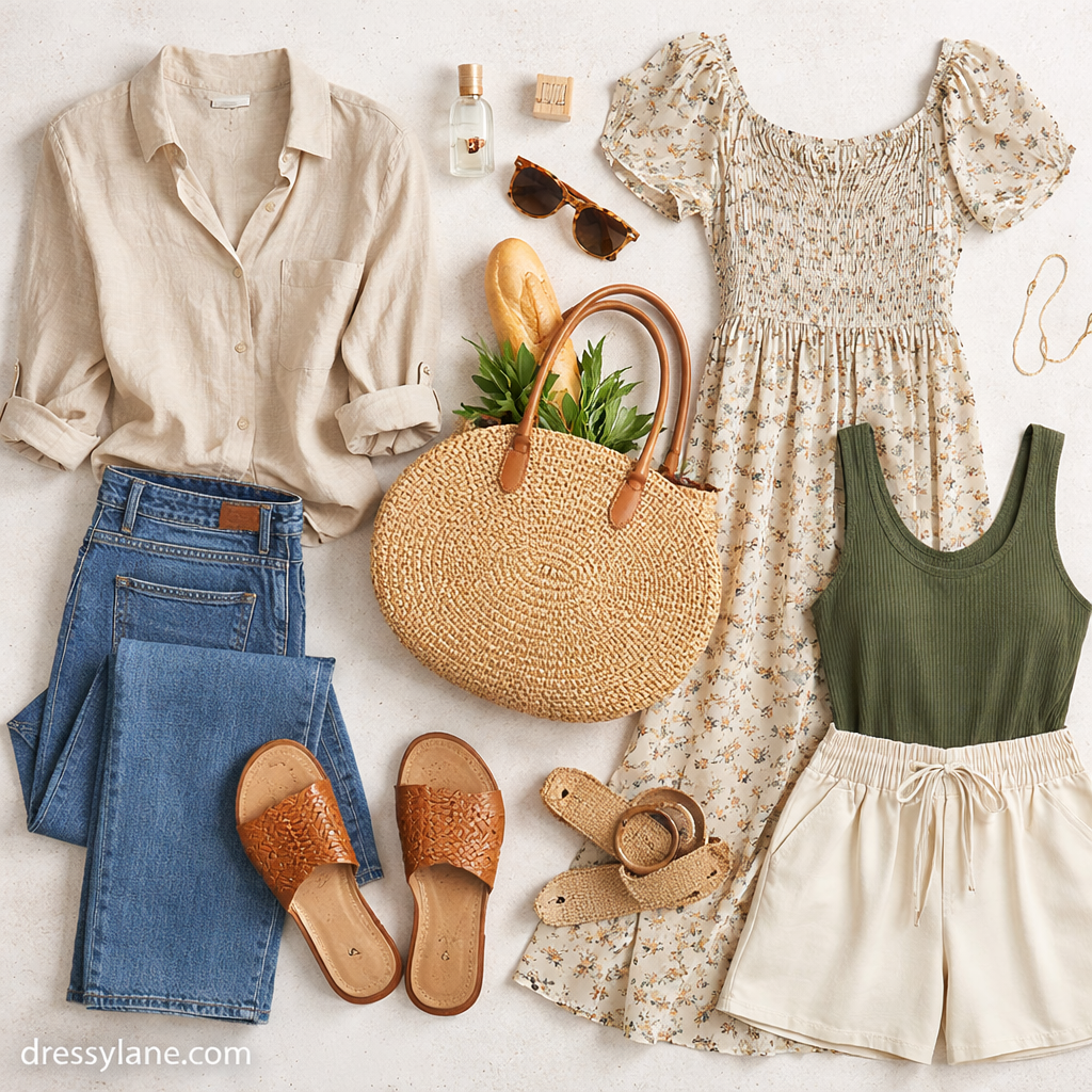 Flat lay of sustainable women’s clothing including linen tops, floral dresses, denim, and eco-friendly accessories.