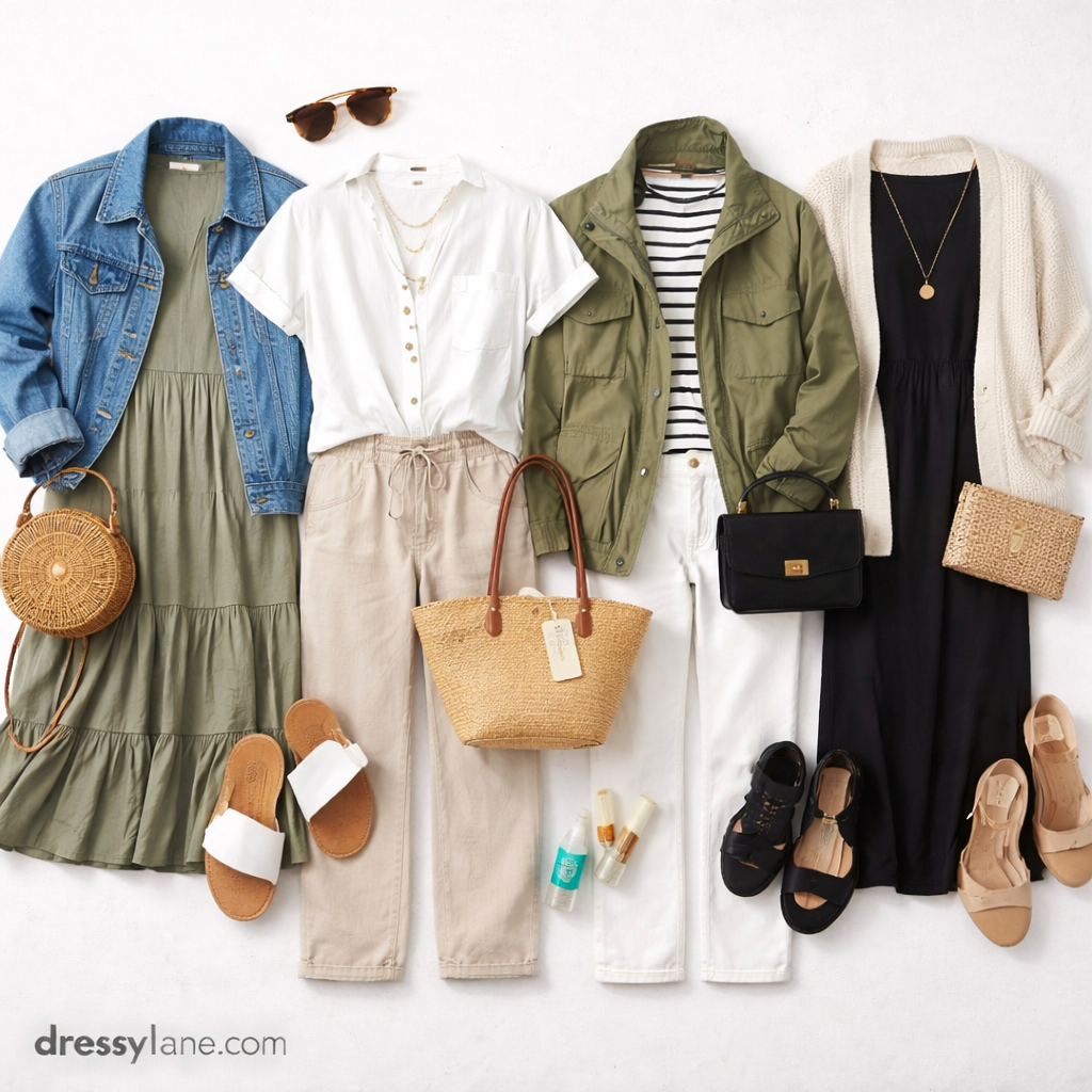 Flat lay of women’s timeless clothing pieces in neutral tones, featuring dresses, jackets, tops, pants, shoes, and classic accessories.