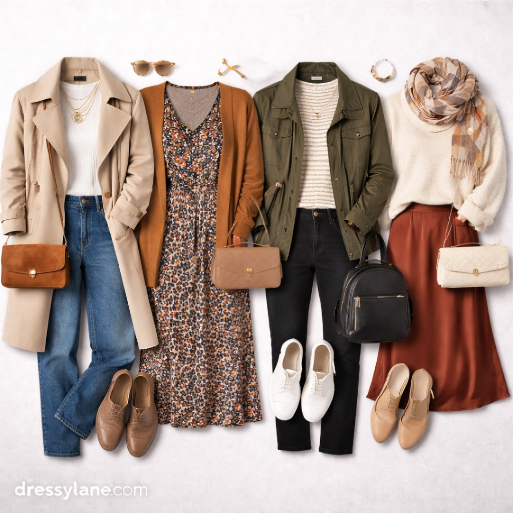 Flat lay of women’s transitional weather outfits featuring layered jackets, dresses, knit tops, and closed-toe shoes styled on a neutral background.