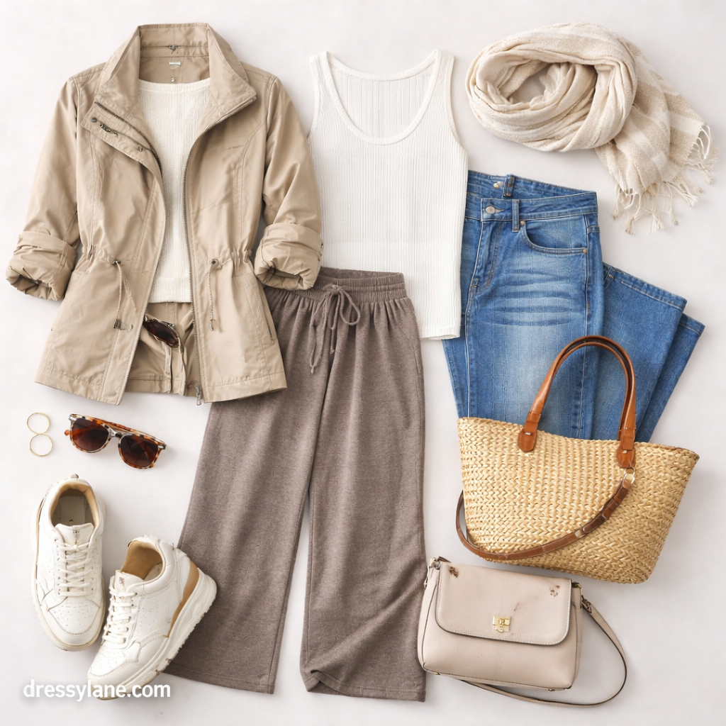 Flat lay of women’s travel clothing including a utility jacket, ribbed tank top, wide-leg pants, jeans, sneakers, scarf, and travel bags arranged for effortless style.