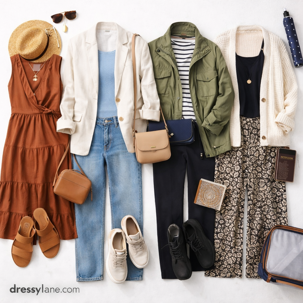 Flat lay of women’s travel outfits styled for mix-and-match packing, featuring dresses, jackets, tops, pants, shoes, and accessories for versatile travel looks.