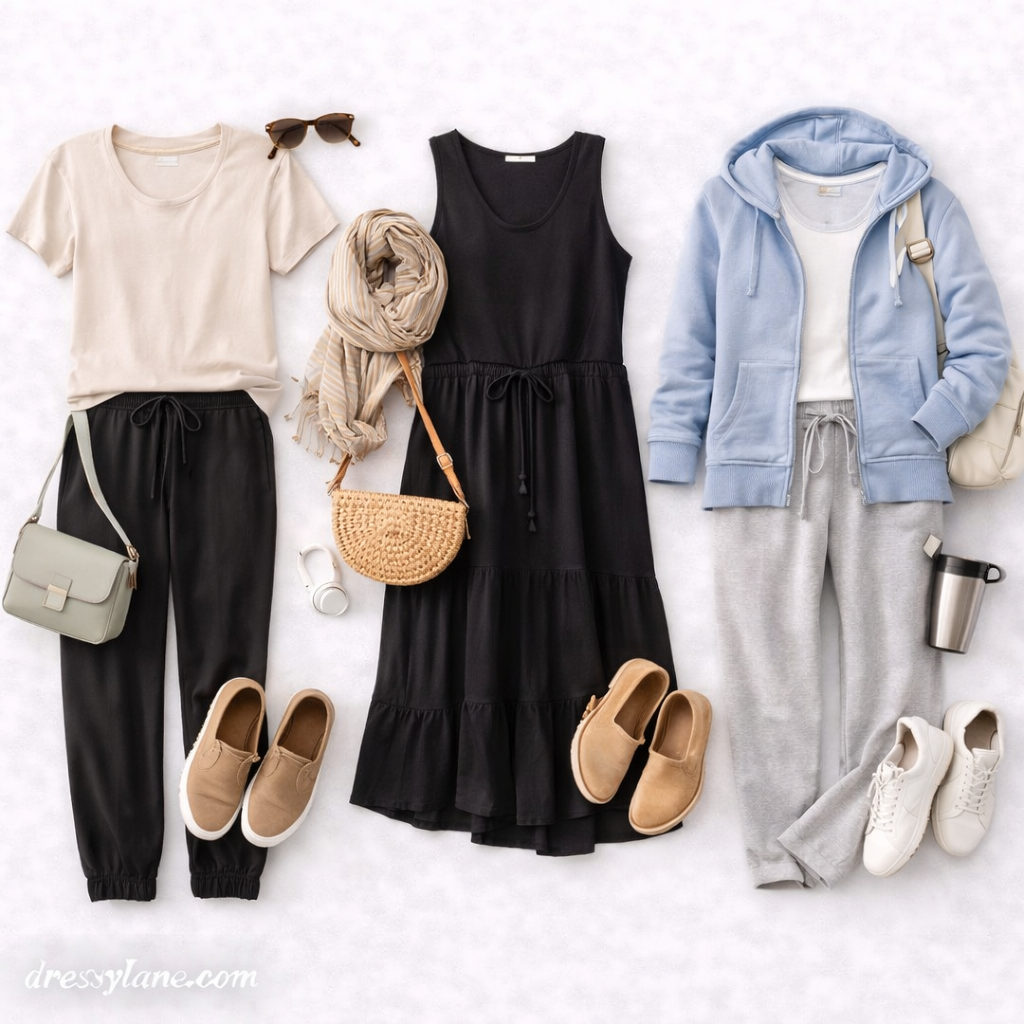 Flat lay of women’s travel outfits designed for comfort, featuring relaxed pants, dresses, hoodies, supportive shoes, and practical accessories.
